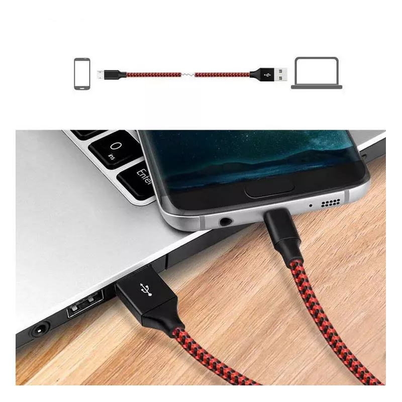 Micro USB nylon-flätad laddningskabel 0.9 m - Röd/svart